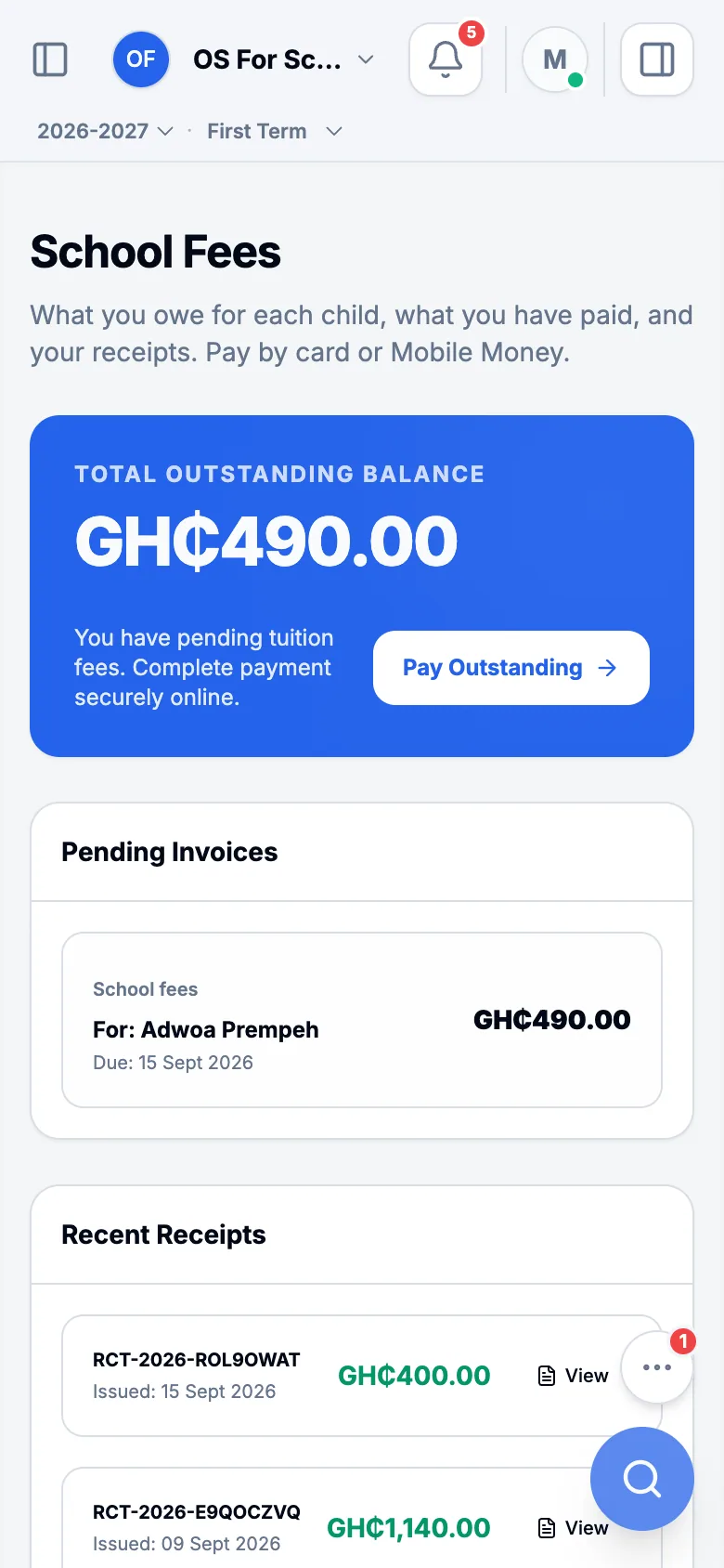 School fees on a phone: the term’s bill, the payments made with their receipts, and the balance still owed.