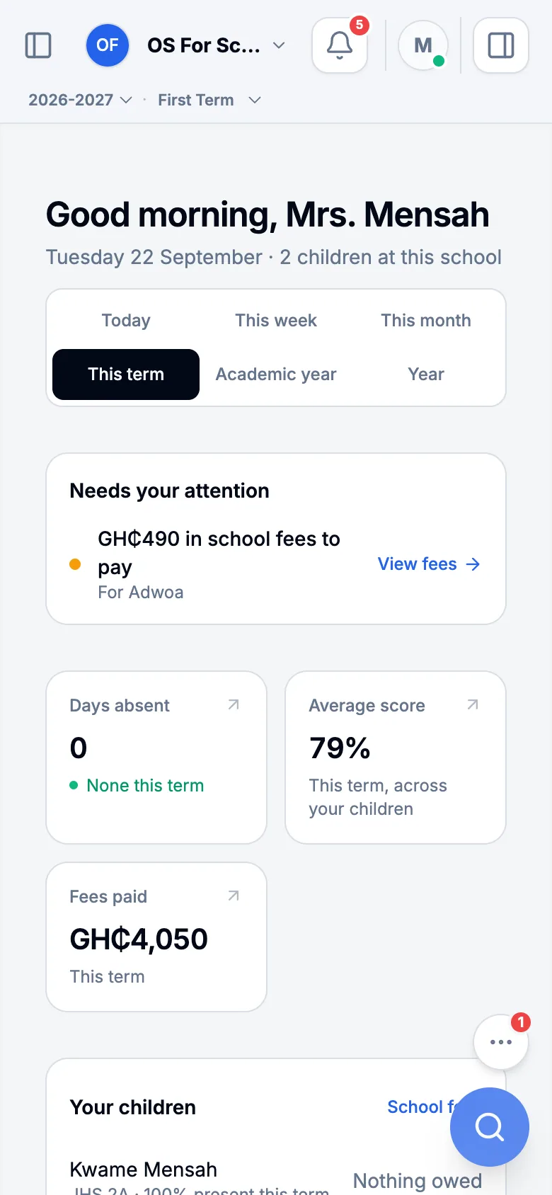 A parent’s My Workspace on a phone, with a card for each child showing attendance, average mark and fees.