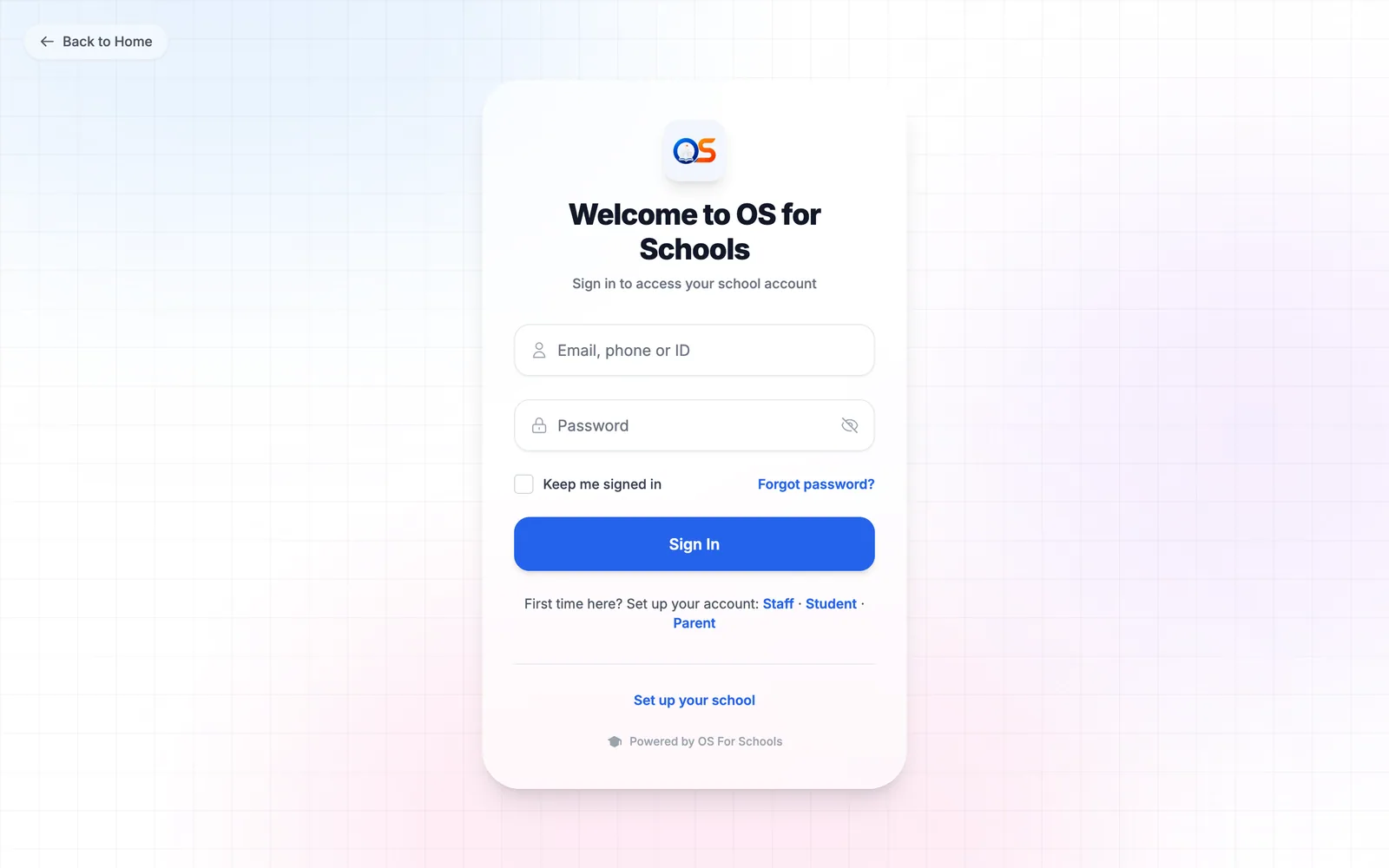 The sign-in page, with boxes for your email, ID or phone number and your password, and a Sign In button.